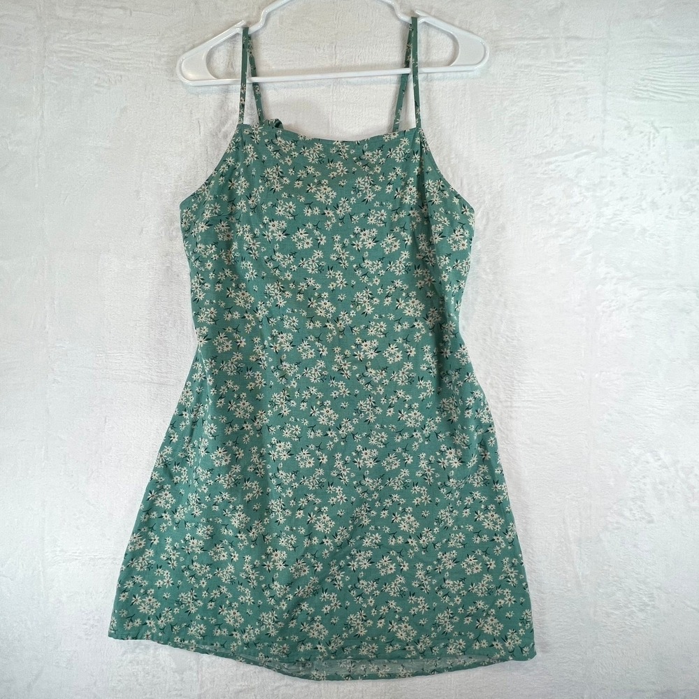 American Eagle Dress Size L Green Floral Linen Cotton Blend Open Back Tie Mini